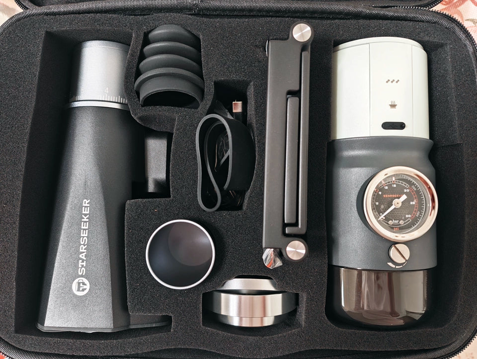 starseeker minibox ชุดเครื่องกาแฟ: EDGEmini + Super58 ชาร์จไฟได้ และพกพาสะดวก เหมาะสำหรับการตั้งแคมป์กลางแจ้ง