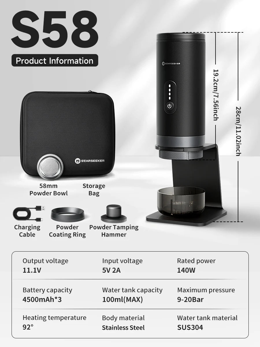 STARSEEKER S58 Portable Coffee Machineเครื่องชงกาแฟ อุ่นได้ ชาร์จได้ ใส่ด้ามจับได้ 20‑Bar Pressure ให้ความร้อนเร็ว