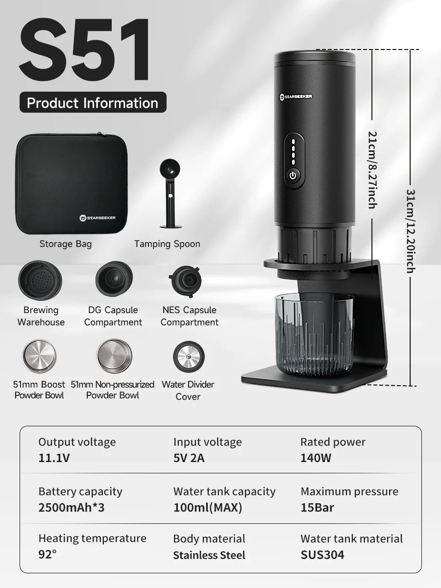 STARSEEKER S51 เครื่องชงกาแฟแบบพกพา  ใช้ได้ทั้งผงกาแฟและแคปซูลกาแฟ พร้อมระบบทำความร้อน การสกัดแบบไร้ก้การให้ความร้อนเร็ว